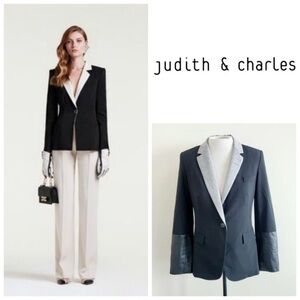 Judith & Charles Wool Leather Sleeve Blazer Size 2 Black One Button